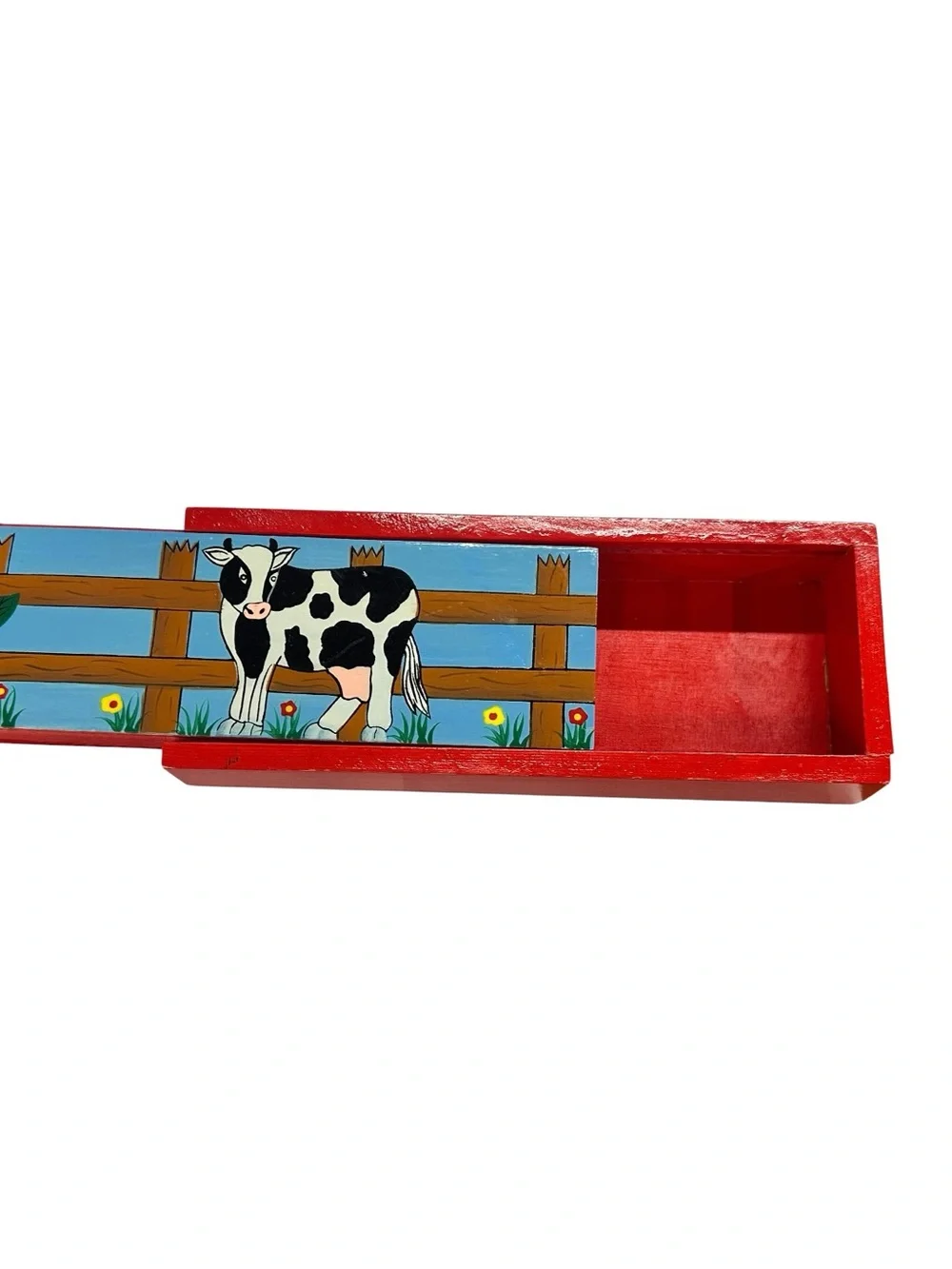 Vintage Hand Painted Cow Farmhouse Wooden Sliding Lid Storage Box Decor